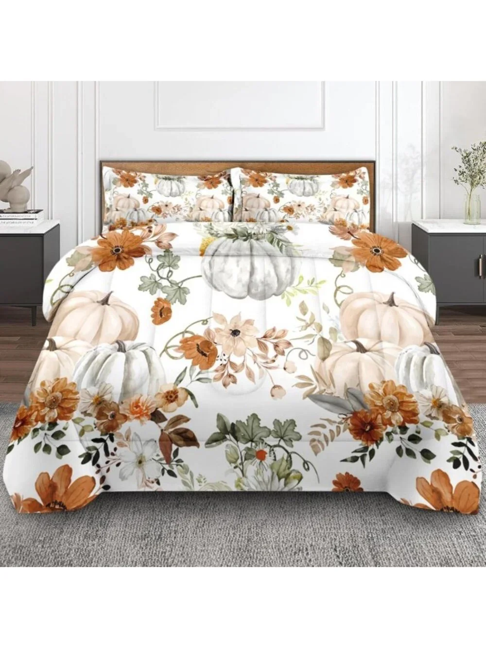 Cozy Floral Fall Comforter Set, 3 Pieces, Queen Size Bedding for Bedroom Decor